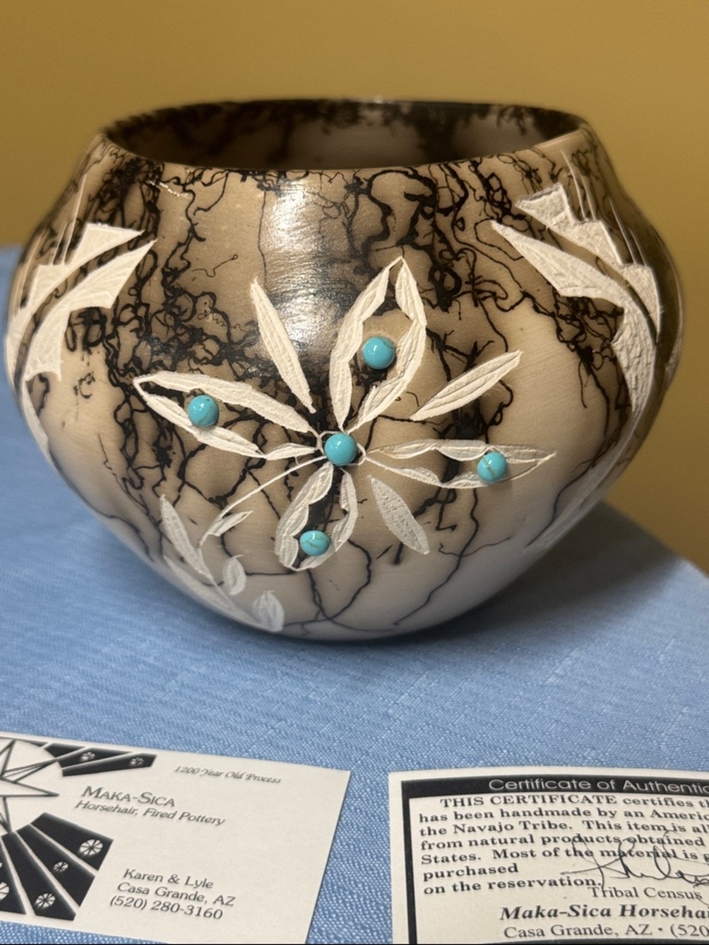 Navajo Horsehair Pottery Maka-Sika Etched w/ Turquoise Pot Signed 4.75”